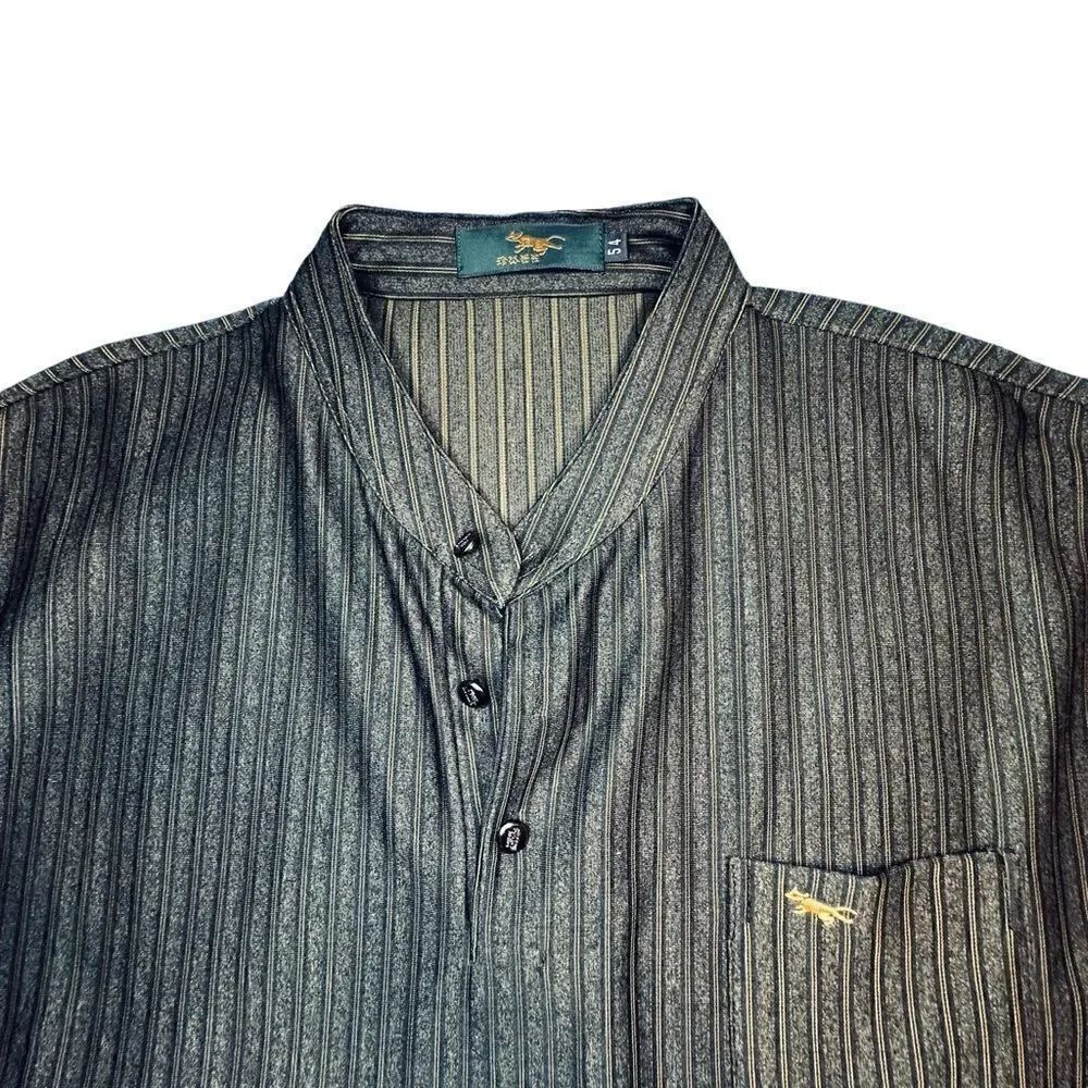 Grey striped 1/4 buttton grandad collar cotton/silk knit shirt size Large